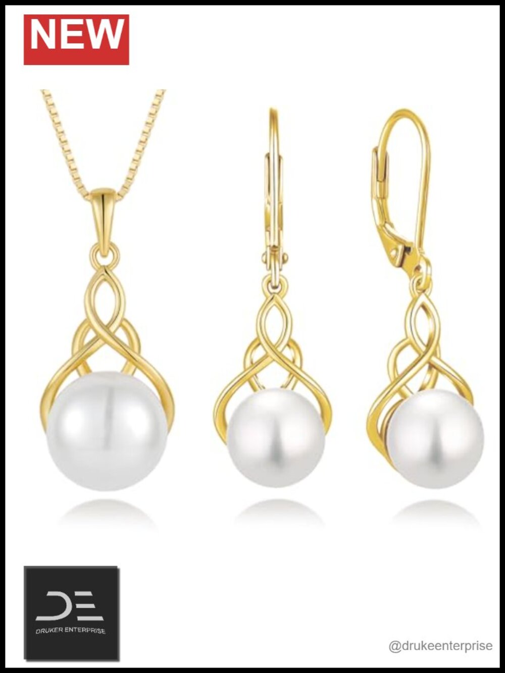 Freshwater Pearl Necklace & Earrings Set 925 Sterling Silver 18K Yellow Gold
